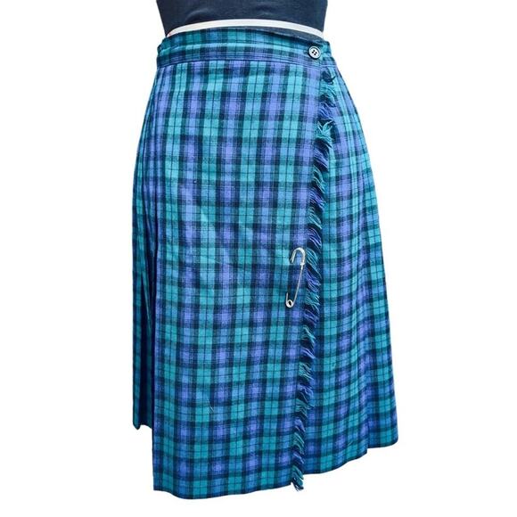 Vtg 90s Pleated Plaid Tartan Fringe Kilt Wool Preppy Academia Wrap Skirt M - Picture 1 of 6